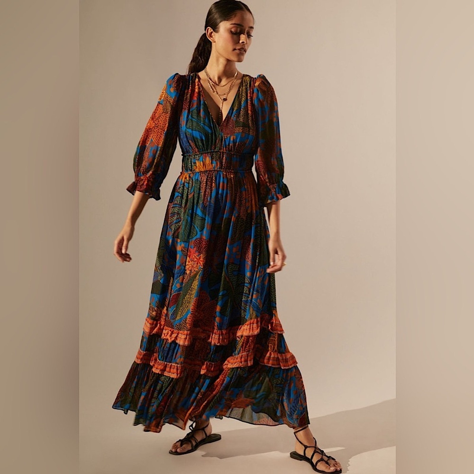 Farm Rio Blue Orange Tiered Floral Maxi Dress 3/4 Sleeves Tropical Boho Xs New